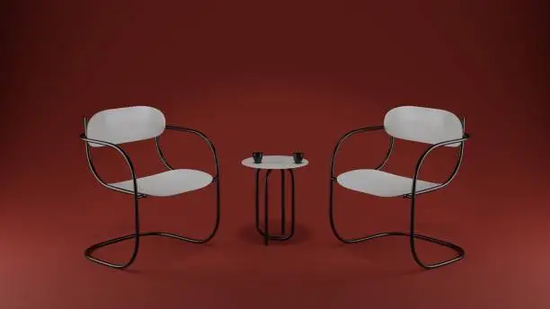 Photo of Two chairs and coffee table in red room. Interview, studio and design concept. 3D rendering illustration.