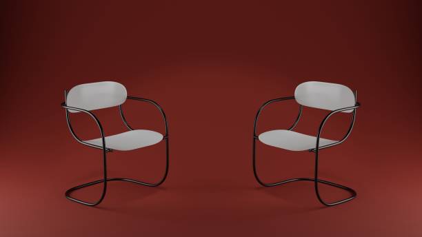 istock Two chairs in a red room a place for an interview. 3d rendering illustration. 1418119636