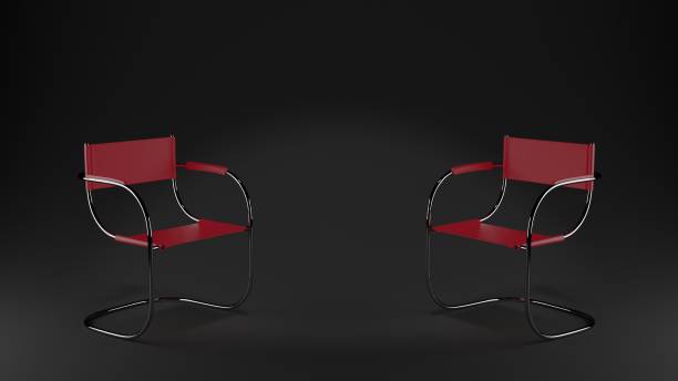 istock Two chairs in dark room. A place for an interview. 3d rendering illustration. 1418119648