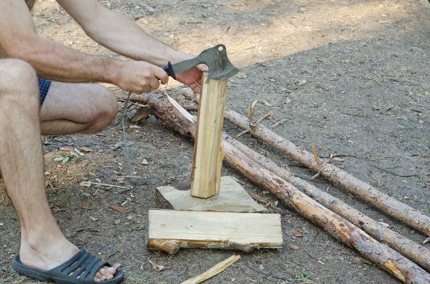 istock a man chops wood with an axe for heating. 1418120314