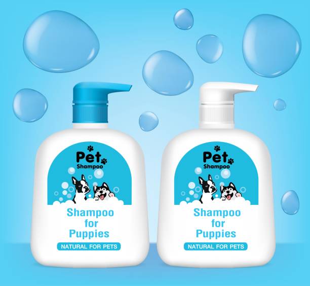 Design a shampoo bottle with a pump cap for dogs. Illustration vector Design a shampoo bottle with a pump cap for dogs. Illustration vector dog dishwasher stock illustrations