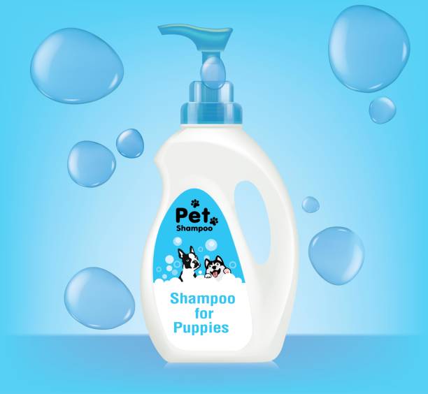 Design a shampoo bottle with a pump cap for dogs. Illustration vector Design a shampoo bottle with a pump cap for dogs. Illustration vector dog dishwasher stock illustrations