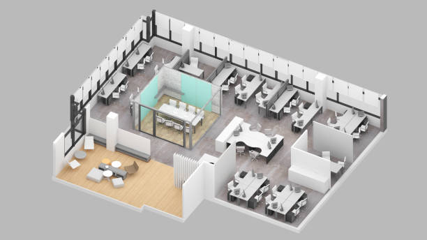 istock Isometric view of a office area,reception and meeting room, 3d rendering. 1418121659