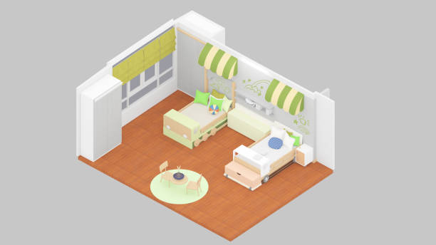 istock Isometric view children's bedroom with 2 beds, 3d rendering. 1418121667