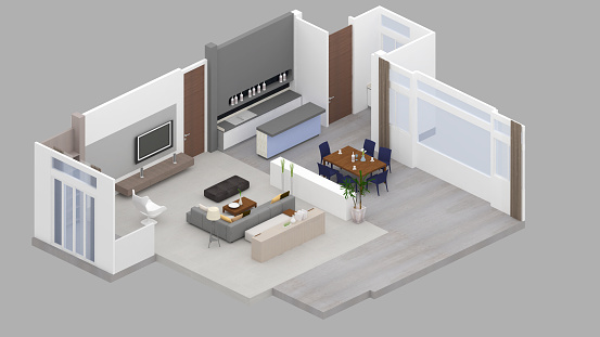Isometric view of a living room and dining room,residential area, 3d rendering.