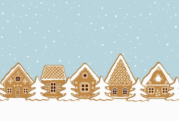 Vector illustration of Christmas background. Gingerbread village. Seamless border. Gingerbread houses and fir trees on a blue background