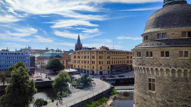 View from the castle on the old town center with church of Örebro in Sweden stock photo
