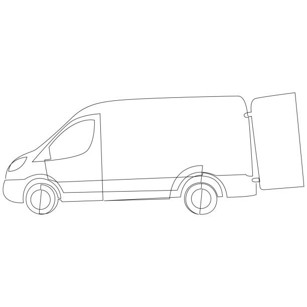 ilustrações de stock, clip art, desenhos animados e ícones de cargo van with open doors continuous one line drawing. truck, lorry minimalistic sketch. logistics, conveyance service automobile. goods transportation automobile. vector illustration. - truck moving van white backgrounds