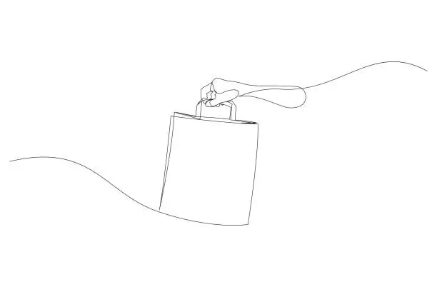 Vector illustration of One continuous line drawing of hand holding bag. Shopping concept. Holiday shopping. Vector illustration isolated on white background.