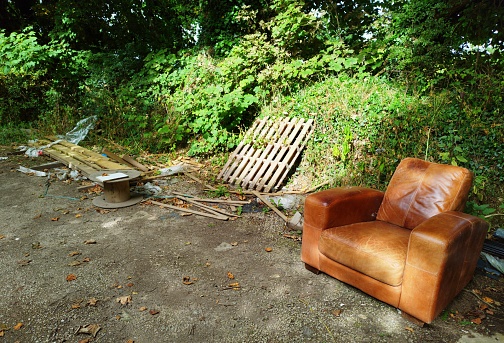 Old leather chair and wooden junk in an urban forest