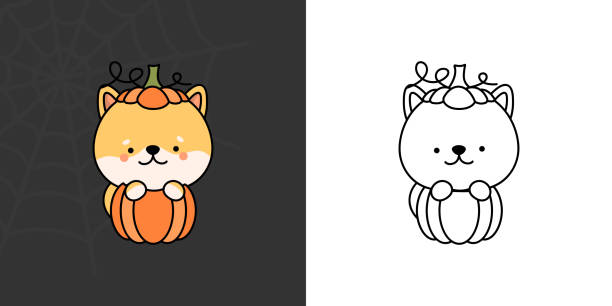 Cute Halloween Shiba Inu Clipart Illustration and Black and White. Funny Clip Art Halloween Dog. Vector Illustration of a Kawaii Halloween Dog  Inside a Pumpkin. Cute Halloween Shiba Inu Clipart Illustration and Black and White. Funny Clip Art Halloween Dog. Vector Illustration of a Kawaii Halloween Dog  Inside a Pumpkin. shiba inu black and tan stock illustrations