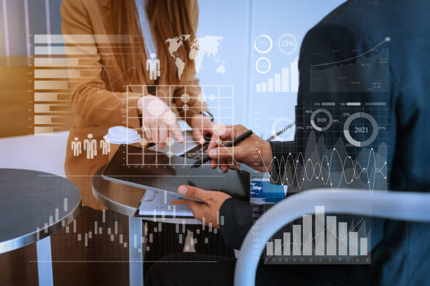 istock Working team meeting concept, business using laptop and digital tablet with marketing  virtual icon 1418125929