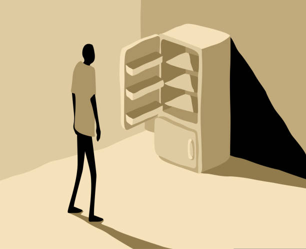 Global food crisis - person and empty fridge Global crisis of food supply shortage - abstract person standing by the empty fridge money shortage stock illustrations