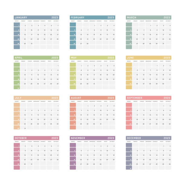 календарь на 2023 год, дизайн календаря на 2023 год на�чинается в воскресенье - monthly stock illustrations