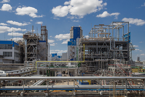 Summer view of big chemical plant. Production of nitrogen fertilizers.