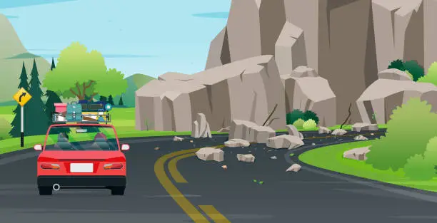 Vector illustration of Landslides on the road.