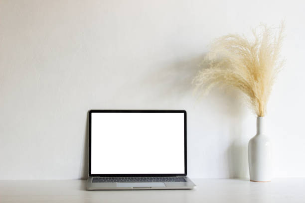 istock Mock up computer with natural brown flower over the white wall. 1418129584