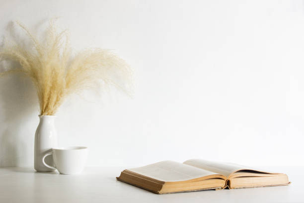 istock An open book with coffee cup and natural flower on white wall. 1418129589