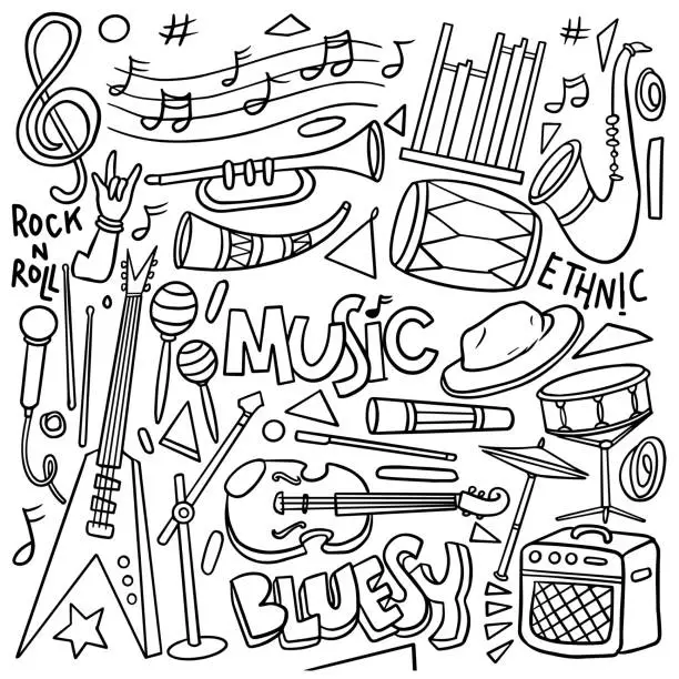 Vector illustration of Set of hand drawn music theme isolated on white background, doodle set of Musical Instruments theme. Vector illustration