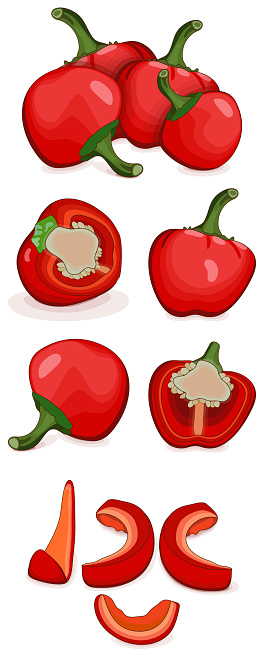 Set of Cherry Pepper for banners, social media. Whole, half, sliced and wedges peppers. Pimento. Pimiento. Capsicum annuum. Vegetables. Cartoon style. Vector illustration isolated on white background.
