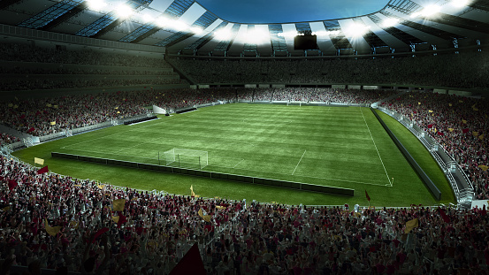 Opening season of games. Traditional soccer football stadium with crowd stands before match. Concept of sport, art, championship. Poster for ad, design. 3D model