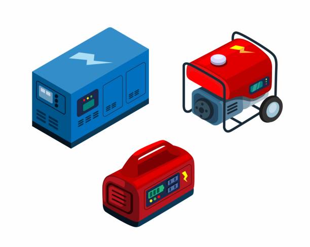 ilustraciones, imágenes clip art, dibujos animados e iconos de stock de generador fuente de alimentación eléctrica portátil conjunto de colección isométrica ilustración vectorial - generator