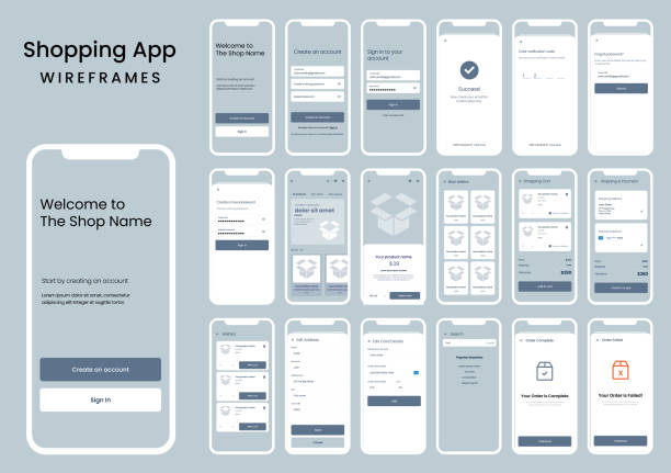 ilustrações, clipart, desenhos animados e ícones de wireframes cinza para um design de aplicativo móvel, compras de comércio eletrônico on-line - modelo de arames de página web