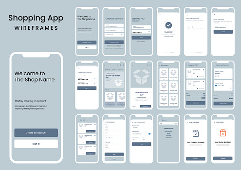 Full design of wireframes for a mobile application design for shopping online with registration, login, cart screens