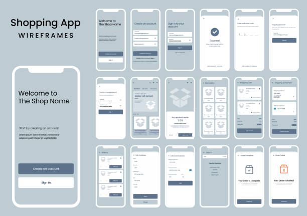 Grey wireframes for a mobile application design, eCommerce shopping online Full design of wireframes for a mobile application design for shopping online with registration, login, cart screens wireframes stock illustrations