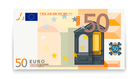 Fifty euro banknotes on a white background.