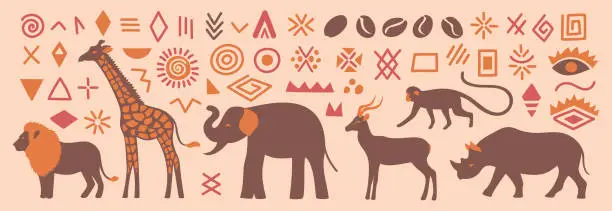 Vector illustration of Abstract African set with abstract wild animals.