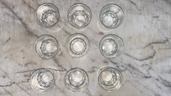 9 empty glasses