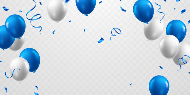 ilustraciones, imágenes clip art, dibujos animados e iconos de stock de celebra con globos azules y blancos con confeti para decoraciones festivas ilustración vectorial. - balloon