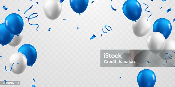 istock Celebrate with blue and white balloons with confetti for festive decorations vector illustration. 1418146981