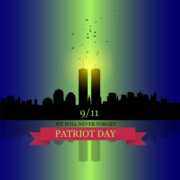 New York skyline silhouette with Twin Towers and birds flying up like souls. American Patriot Day banner. New York skyline silhouette with Twin Towers and birds flying up like souls. 09.11.2001 American Patriot Day banner. NYC World Trade Center. EPS10 vector. remembrance day background stock illustrations