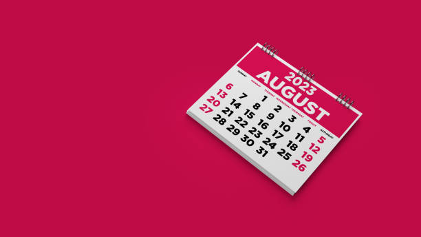 istock 2023 August calendar. On red color background. 1418153020