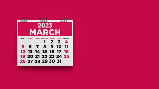 2023 March calendar. On red color background. stock photo