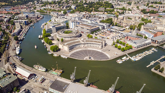 Bristol United Kingdom aerial shot of central city including canals