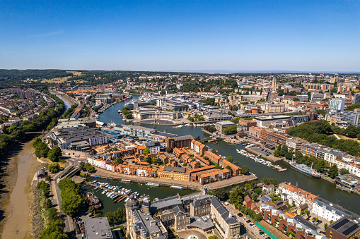 Bristol United Kingdom aerial shot of central city including canals