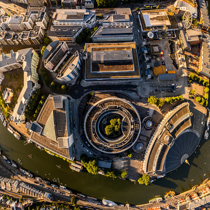 Bristol United Kingdom aerial shot of top view of round building in city center