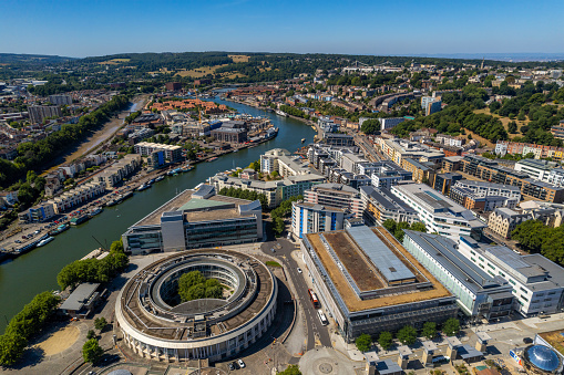 Bristol United Kingdom aerial shot of central city including canals