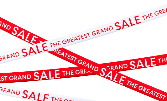 3d rendering mockup red and white ribbon with message THE GREATEST GRAND SALE isolated on white background with clipping path