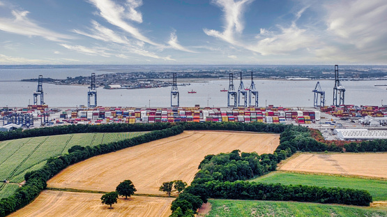 Felixstowe docks aerial view photo taken during unusually quiet times for the dock during the strike. August 2022