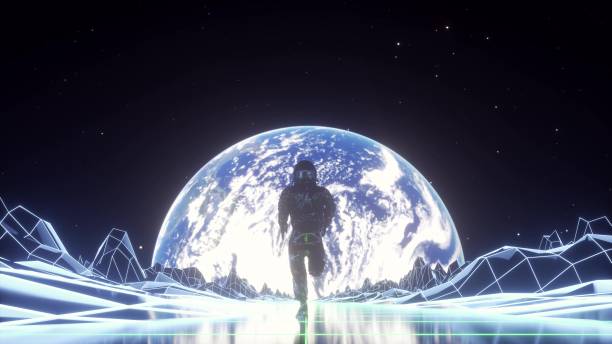 istock Astronaut runs surrounded by flashing neon lights. Retro 80s style synthwave background. 3d illustration 1418158549