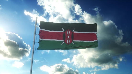 Flag of Kenya waving at wind against beautiful blue sky. 3d illustration.