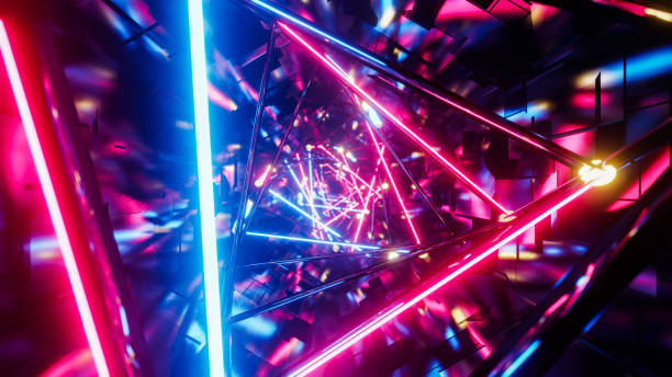 istock Flying into rotation triangle digital tunnel. 3D rendering illustration. 1418160737
