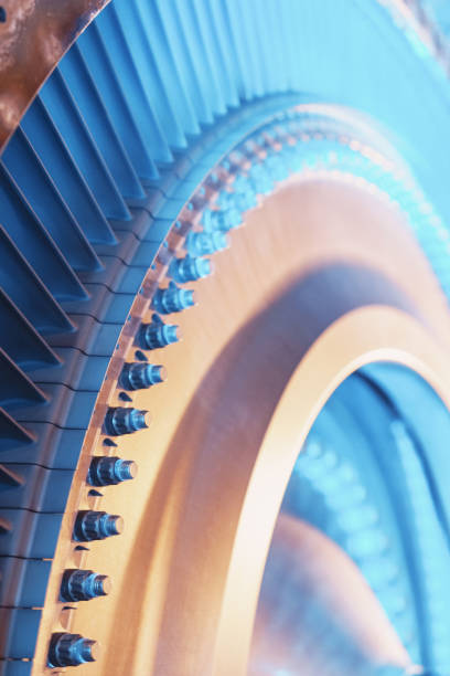 istock Turbine blades close-up view from inside, illuminated by energy light. 1418160758