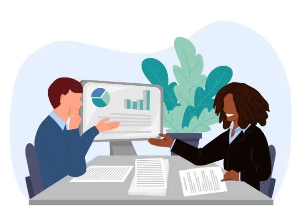 Vector illustration of A man and a woman discuss business issues at the table. There are documents on the table, a computer monitor in the background. Colleagues solve work problems.