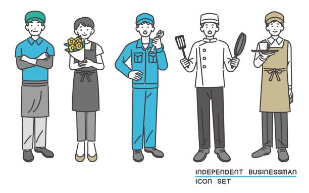 illustrazioni stock, clip art, cartoni animati e icone di tendenza di materiale di illustrazione vettoriale di lavoratori autonomi come fruttivendoli e negozi di fiori / ditta individuale / occupazione - hat women chef occupation