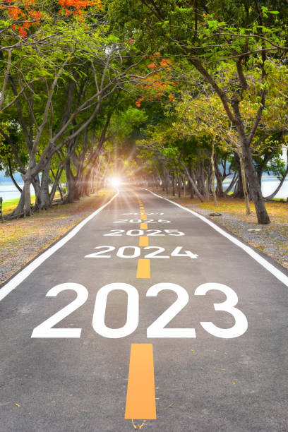 five years from 2023 to 2027 on asphalt road surface - tomorrow imagens e fotografias de stock